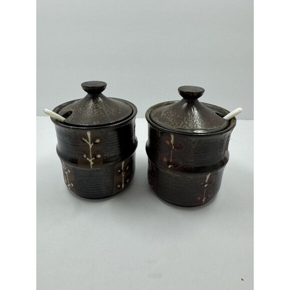 Japan Art Pottery Salt Pepper, 2 Jam Jars W/ Spoons MCM Boho Wood Pedestal Raku - Picture 3 of 12